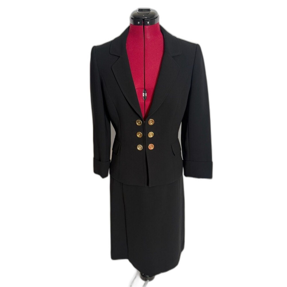 Tahari ASL Skirt Suit Woman Size 4 Black 2-Piece Set Blazer & Skirt Gold Button